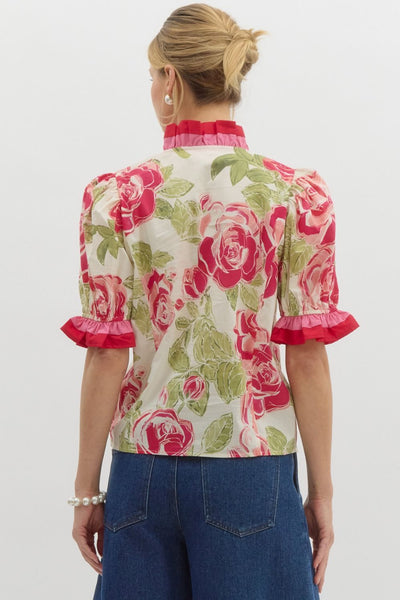 Cream Pink Floral Printed Ruffle Blouse