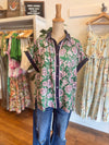 Green Floral Navy Contrast Button Up