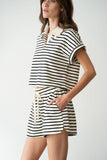 Black Striped Cap Sleeve Collared Shirt