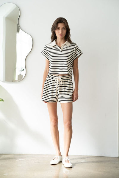 Black Striped Cap Sleeve Collared Shirt