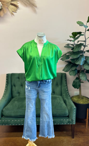 Kelly Green V-Neck Satin Placket Top