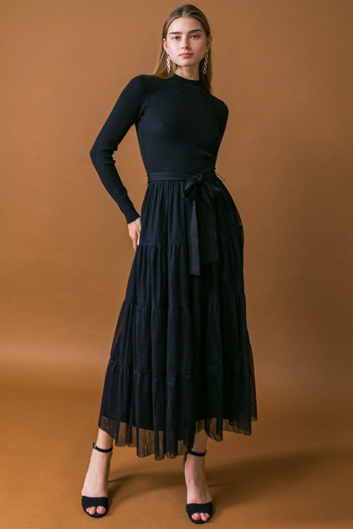 Black Colored Long Sleeve Sweater Midi Dress