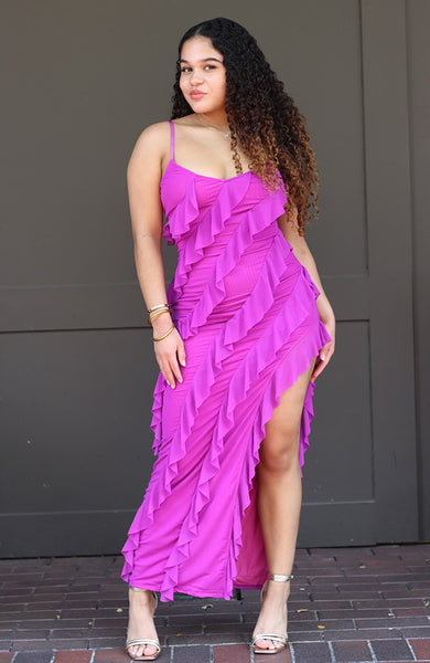 Orchid Colored Ruffled Long Side Slit Dress