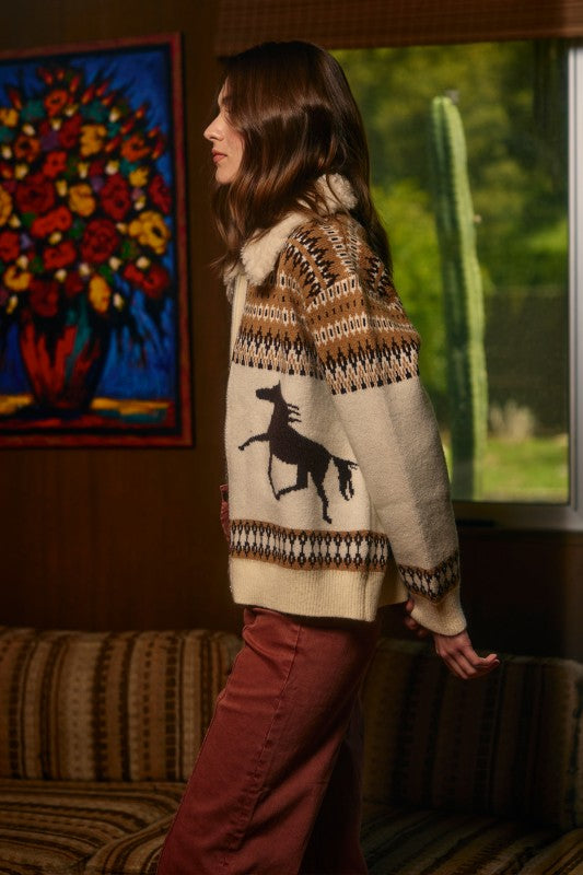 Ivory Western Horse Knit Zip-up Jacket