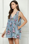 Denim Floral Printed Pleated V Neck Sleeveless Romper