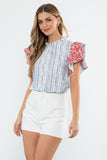 Blue Striped Embroidered Flutter Sleeve Top