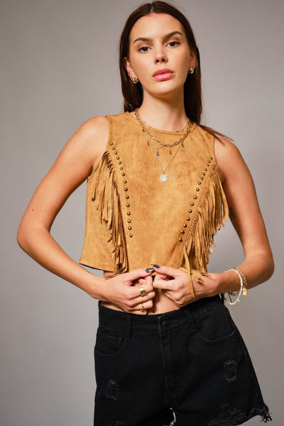 Camel Faux Suede Fringe Top