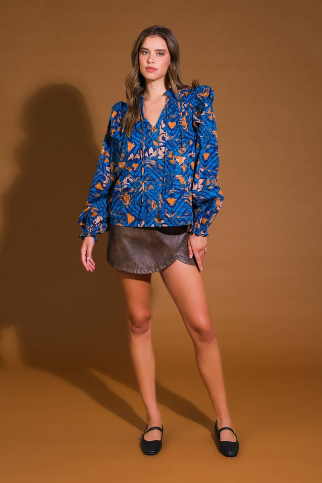 Blue and Rust Printed Woven Top with Ruffled Detail