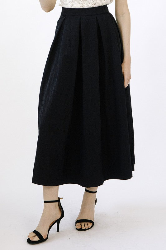 Black Monochromatic Pleated Midi Skirt