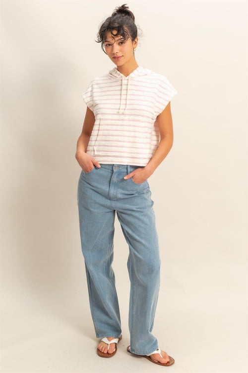 Pink and Cream Striped Short Sleeve Hoodie