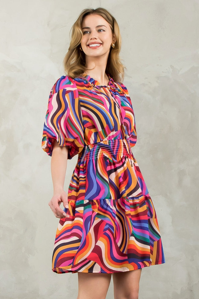 Multi Color Puff Sleeve Dress