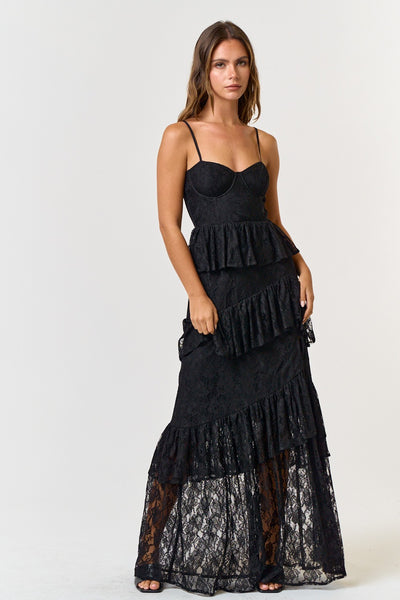 Black Bustier Lace Tiered Ruffled Maxi Dress