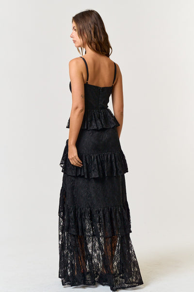 Black Bustier Lace Tiered Ruffled Maxi Dress