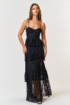 Black Bustier Lace Tiered Ruffled Maxi Dress