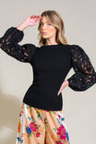 Black Ribbed Knit Top with Contrasting Lace Sleeves