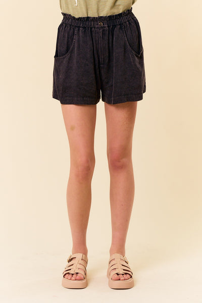 High Waisted Black Vintage Washed Paper Bag Shorts