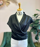 Black Surplice Neck Wrap Satin Blouse