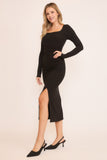 Black Ribbed Square Neck Midi Dress with Side Ruching