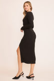 Black Ribbed Square Neck Midi Dress with Side Ruching