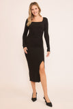 Black Ribbed Square Neck Midi Dress with Side Ruching