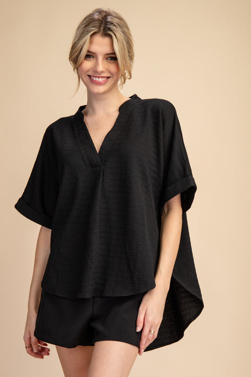 Black Oversized V-Neck High Low Blouse