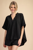 Black Oversized V-Neck High Low Blouse