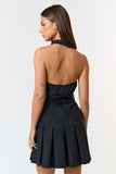 Black Halter Neck Pleated Mini Dress