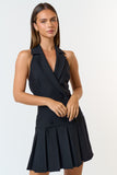 Black Halter Neck Pleated Mini Dress