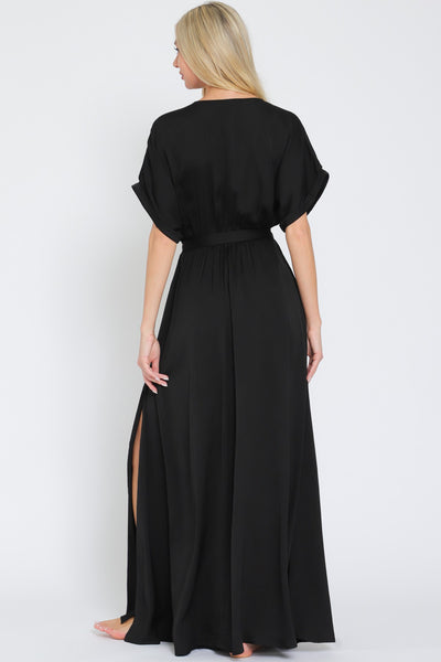 Black Kimono Sleeve Belted Maxi Dress