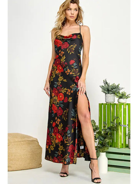 Black and Red Multi Floral Print Open Back Satin Dress
