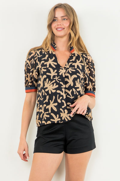 Black and Beige Abstract Patterned Short Sleeve Top