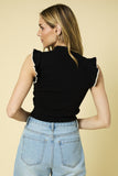 Black Mock Neck Ruffle Sleeve Ribbed Top with White Contrast