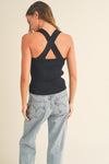 Black Metallic Knitted Cross Back Top