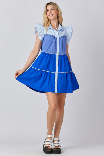 Blue Tiered Dress with Flutter Sleeve