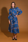 Blue and Rust Printed Woven Long Sleeve Midi Dress