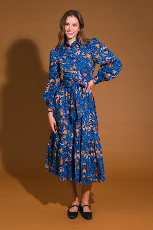 Blue and Rust Printed Woven Long Sleeve Midi Dress