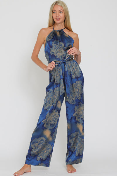 Blue Multi Printed Halter Backless Belted Jumpsuit