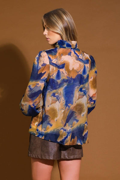 Navy and Taupe Abstract Watercolor Tie Front Blouse