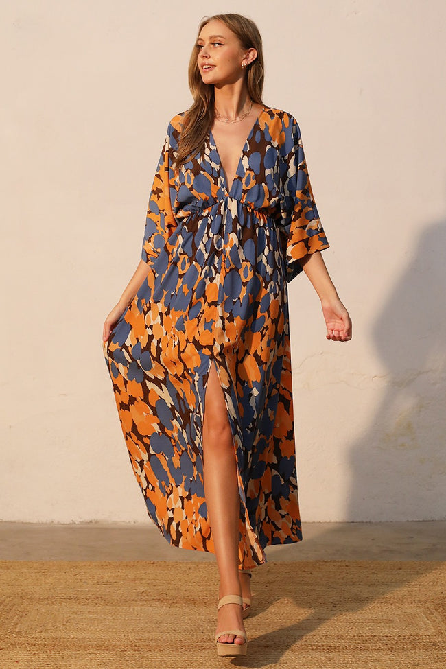 Blue Abstract Leopard Kimono Maxi Dress