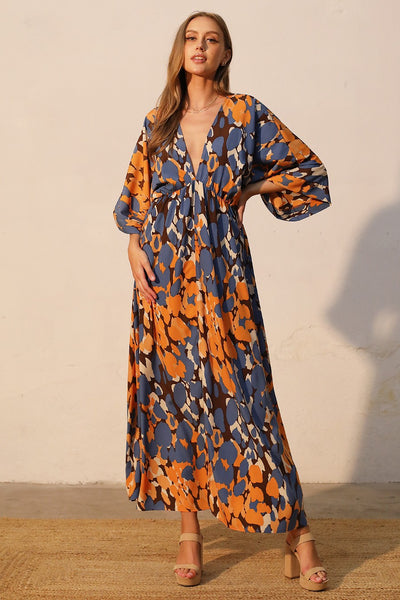 Blue Abstract Leopard Kimono Maxi Dress