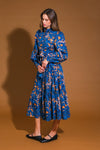 Blue and Rust Printed Woven Long Sleeve Midi Dress