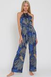 Blue Multi Printed Halter Backless Belted Jumpsuit