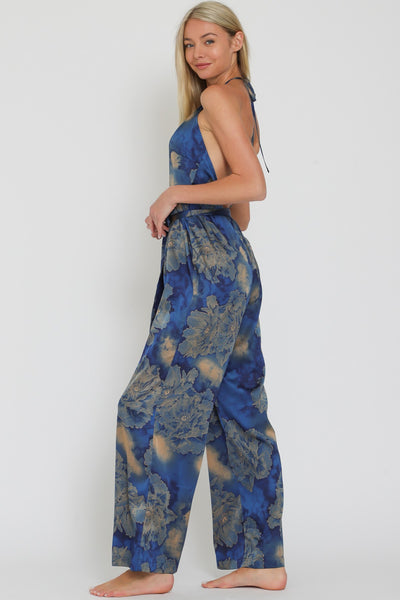 Blue Multi Printed Halter Backless Belted Jumpsuit