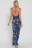 Blue Multi Printed Halter Backless Belted Jumpsuit