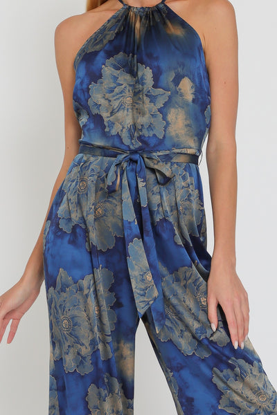 Blue Multi Printed Halter Backless Belted Jumpsuit