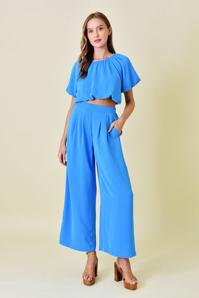 Blue High Waisted Pleated Wide Leg Pants