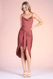 Brown Washed Poly Silk Tie Front Cowl Cami Dress