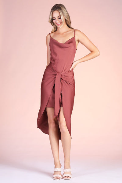 Brown Washed Poly Silk Tie Front Cowl Cami Dress