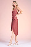 Brown Washed Poly Silk Tie Front Cowl Cami Dress