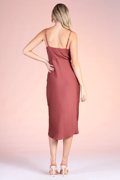 Brown Washed Poly Silk Tie Front Cowl Cami Dress